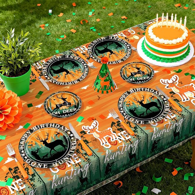 170Pcs Hunting Camo Party Decorations Oh Deer Hunting Birthday Plates Napkins Cups Forks Knives Spoons Tablecloths Hunting Theme Birthday Tableware Set for Kids Outdoor Camping Party Supplies Serves24