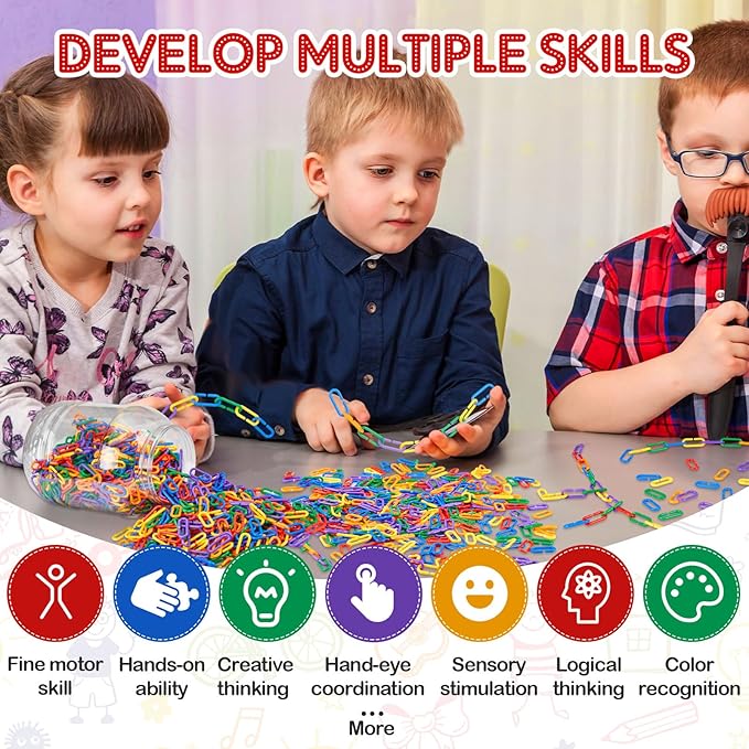 Wettarn Bucket of 1000 Pcs Rainbow C Clip Hooks Chain Links Operation Christmas Plastic Kids Counting Toys Bulk Math Manipulatives Counters for Learning Supplies DIY Education Gifts Fine Motor Skill