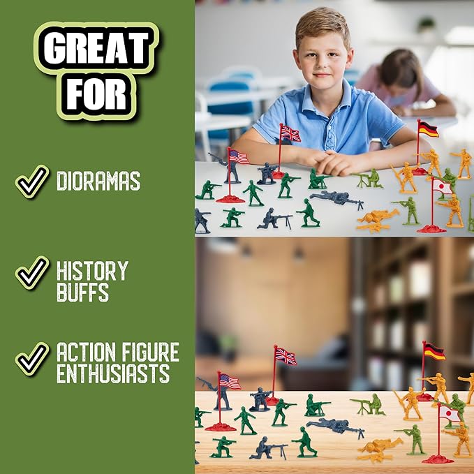 World War II Army Men Toy Action Figure Playset- 200pc Including Soldiers & Flags from The US, Great Britain, Germany & Japan Posed in Realistic Combat Positions- Gift Set for Kids & Collectors
