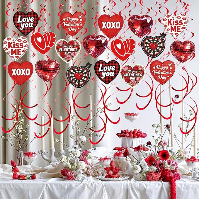 48 Pcs Red Heart Hanging Decor Set with Diamond, Disco Ball, Dartboard & XOXO Designs – Romantic Swirl Streamers for Valentine's Party, Anniversary, Holiday Celebration