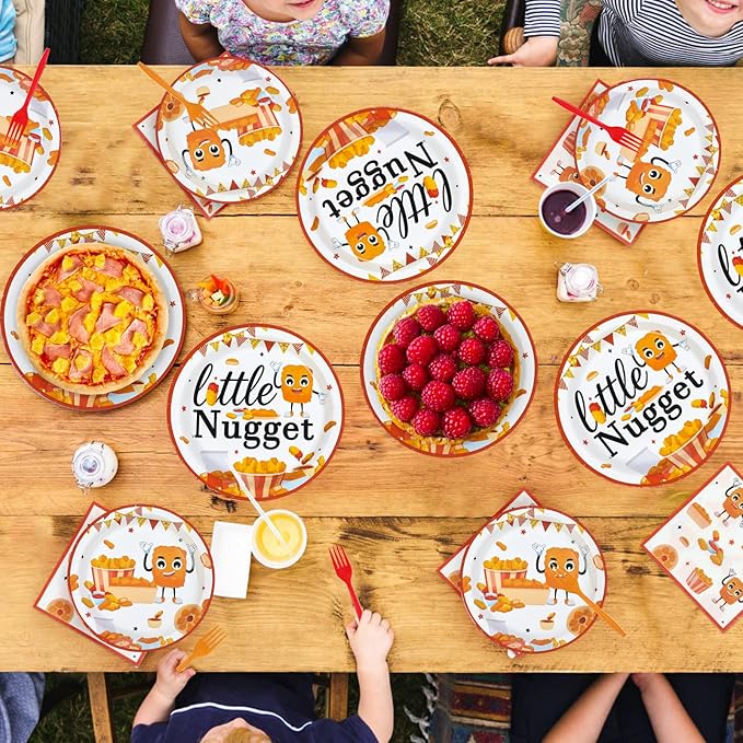 96Pcs Chicken Nugget Themed Party Decoration Chicken Nugget Plates and Napkins Fast Food Fried Chick Tableware Set for Baby Shower Boy Girl birthday Party Supplies, Serves 24
