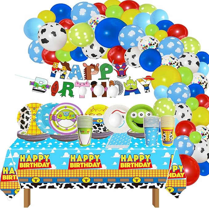 Cartoon Story Birthday Party Supplies 2nd Bday 134pcs Two Infinity and Beyond Birthday Decorations include Plates Napkins Cups Tablecloth Banner for Boys 1st 2nd 3rd 4th 10th Bday Serve 30 Guest
