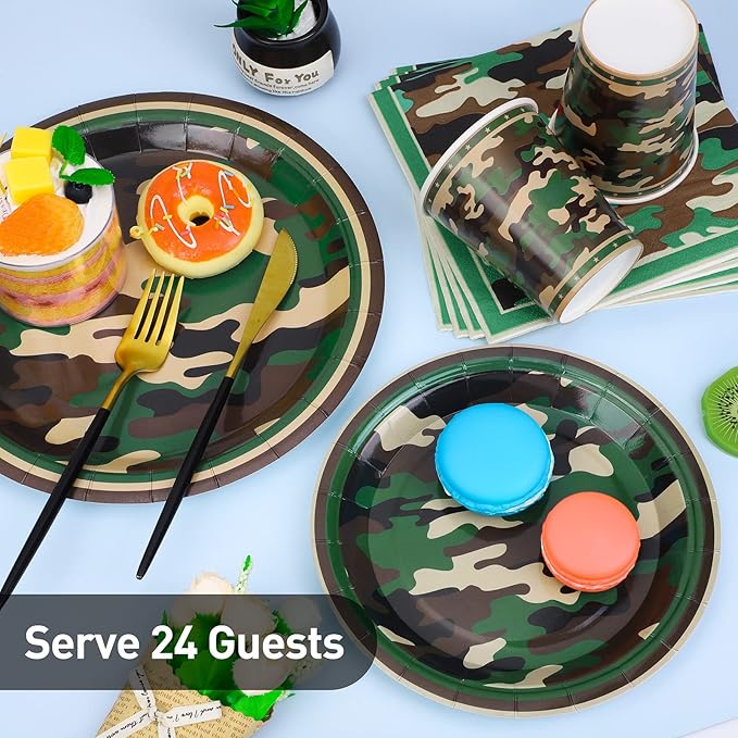 durony 96 Pieces Camouflage Themed Party Supplies Serve 24 Include Dinner Paper Plates Luncheon Napkins Party Cups for Camouflages Hunting Army Military Civil War Party Decorations