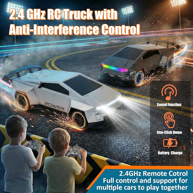 Remote Control Car/RC Truck – 2.4 GHz All-Terrain Cyber Vehicles with One-Touch Demo and Three Adjustable LED Light Effects, Off-Road Pick-Up Hobby Monster Truck Toys Gifts for Boys Aged 3+ (Silver)