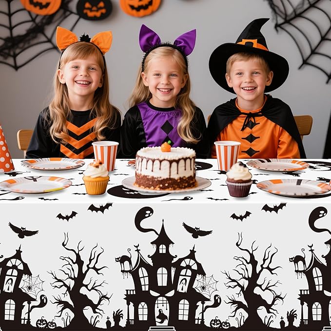 Halloween Haunted House Tablecover - 3 Pack 86 * 51inch Disposable Waterproof Rectangle Plastic Covers, Creepy Gothic Print for Halloween Parties, Kids’ Birthdays, Picnics & Camping Decor