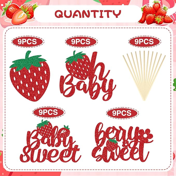 Strawberry Oh Baby Cupcake Toppers - 36PCS Glitter Baby Sweet Cupcake Decor, Strawberry Baby Shower Party Supplies