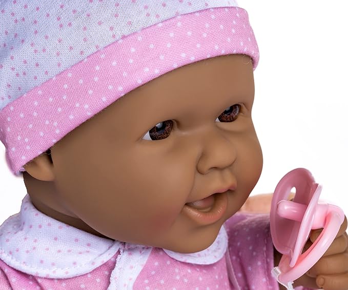 JC Toys La Baby Hispanic 16-inch Small Soft Body Baby Doll La Baby | Washable |Removable Pink and White w/Hat, Pacifier & Magic Bottle | for Children 12 Months +
