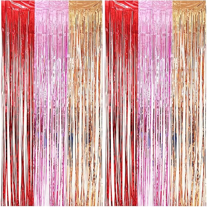 2 Pack Construction Foil Fringe Curtains, 3.3x6.6 Ft Pink Red and Champagne Gold Tinsel Backdrop Party Decorations Door Streamers for Birthday Valentine's Day Engagement Decor