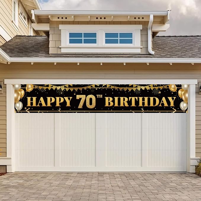 Large Happy 70th Birthday Decoration Banner, Black and Gold Happy 70th Birthday Banner Sign, 70th Birthday Party Decorations Supplies(9.8x1.6ft)