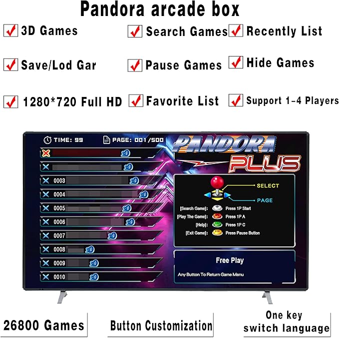 29800 in 1 Pandora's Box Retro Arcade Game Console, 4 Player 3D Magic Modding Game, Search Save Delete Cheats, Favorites List, 128G TF