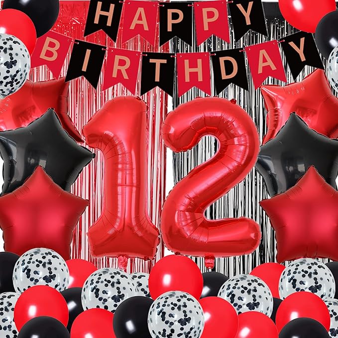 12th Birthday Decorations for Boys Red Black 12th Happy Birthday Banner Party Supplies Number 12 Balloons Fringe Curtain 12 Years Old Bday Party Supplies Kit for Him Her Girls (Red)