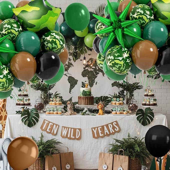 Camo Balloons, 12 Inch Green and Brown Party Balloons Camouflage Party Decoration with Star Foil Balloon for Hunting Camping Game Jungle Theme Camo Birthday Party Decorations