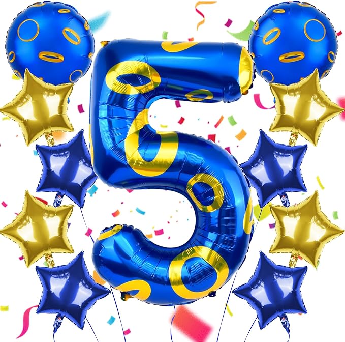 40 Inch Blue and Golden Ring Themed Number Balloon, Number Block Foil Number 5 Balloons Large Big Numbers Helium Balloon for Girls Boys 5th Birthday Theme Party Decorations (Number 5)