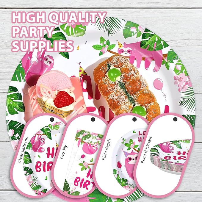 96Pcs Sloth Animal Birthday Party Supplies Hanging Pink Sloth Plates and Napkins Jungle Cute Animal Theme Tableware Set for Kids Girls Animal Theme Birthday Party Supplies，Serves 24