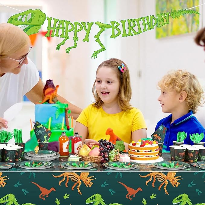 Uiifan 171 Pcs Dinosaur Birthday Decorations Party Supplies with Dinosaur Birthday Plates Paper Cups Table Cloths Napkins Tableware Pack Dino Banner for Dino Theme Party Plates Supplies Decorations