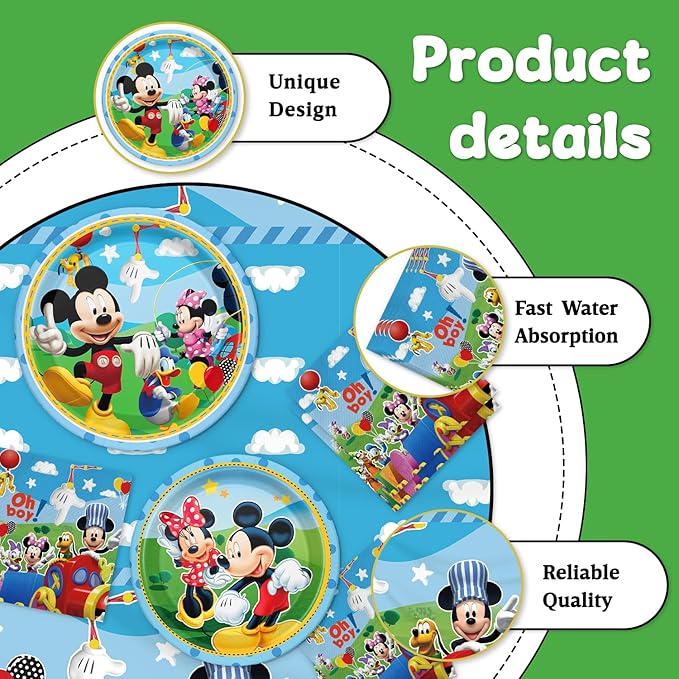 Mickey Party Supplies 41Pack include 20 plates, 20 napkins 1 tablecloth for Mickey birthday party Decoration