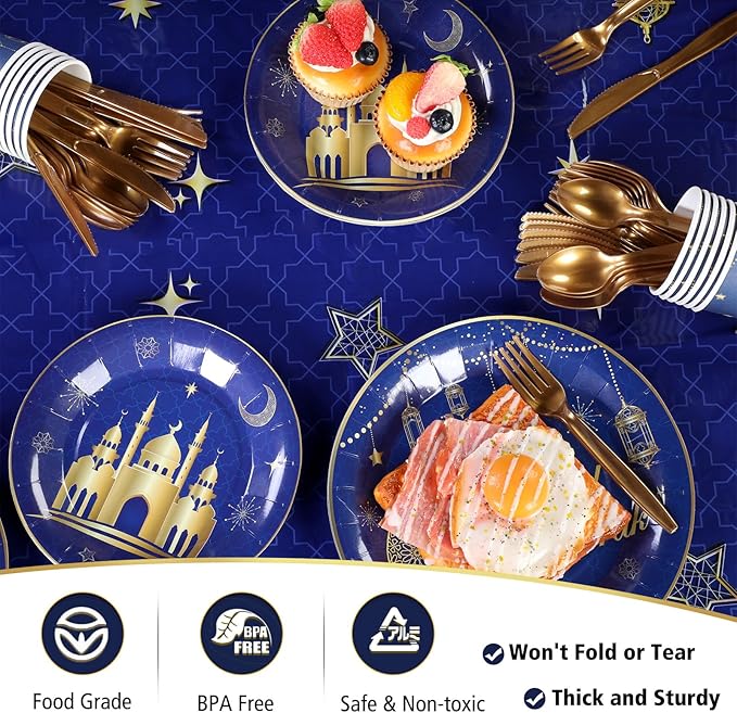 Nuanchu 172 Pcs Eid Mubarak Party Decorations Ramadan Kareem Party Supplies 9" Plates 7" Plates Cups Cutlery Napkins 2 Tablecloths 2 Eid Mubarak Banner for Muslim Islamic Al Fitr , Serves 24
