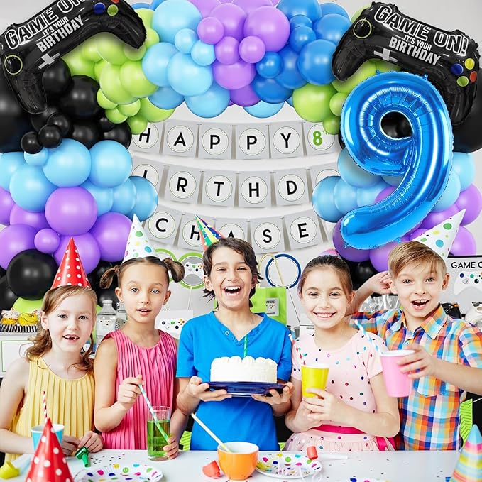 9th Birthday Video Game Balloons Arch, 9th Party Balloons Garland Kit 9th Game Birthday Supplies with Blue Number 9 Balloon Game Foil Balloons for 9 Year Old Teens Boys Decor