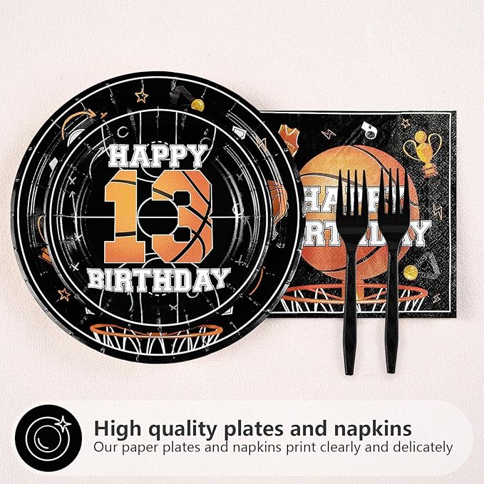 96pcs 13th Birthday Party Supplies Basketball Plates and Napkins Disposable Basketball Sports Theme Tableware Set for Boys Kids Official Teen 13 Years Old Birthday Party Decorations, Serves 24