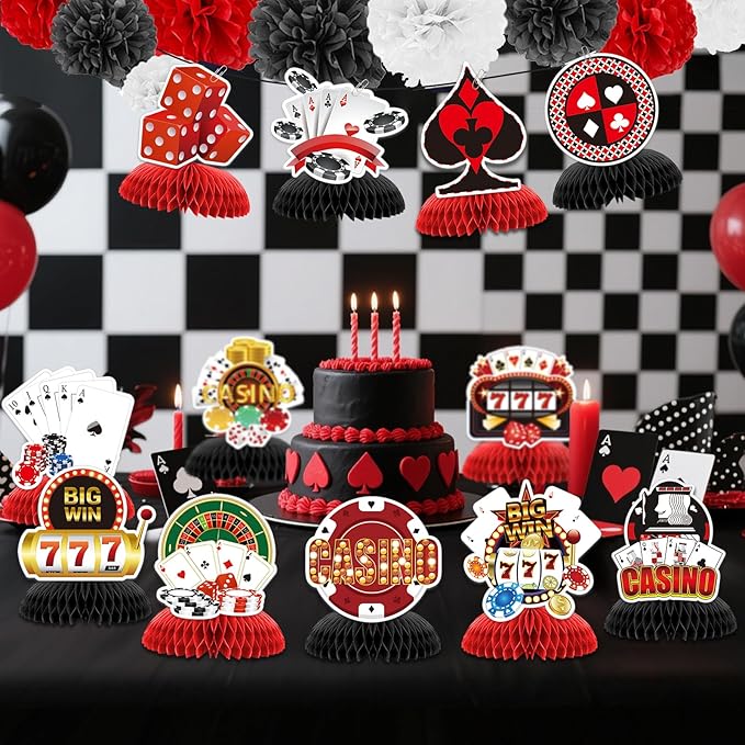 12pcs CasinoTheme Party Decorations,Casino Poker Happy Birthday Decorations, Honeycomb Centerpieces Decor Table for Party Supplies for Casino Table Toppers Casino Game Night Las Vegas Party Favors