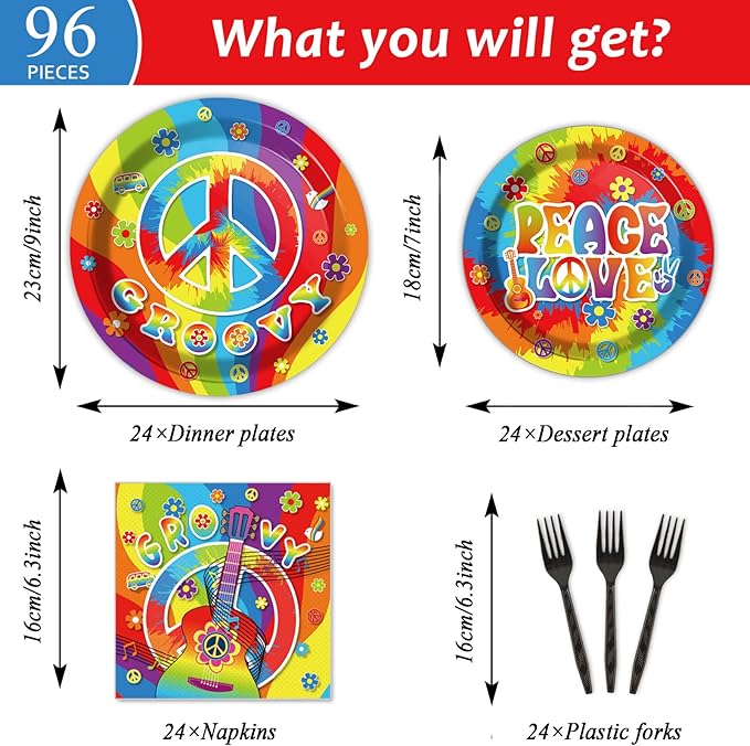 96 PCS 60’s Party Hippie Tableware Set Groovy Plates Napkins 60s Hippie Themed Decorations Peace Love Tie Dye Style 70s Disposable Paper Tableware Birthday Party Supplies Favor for 24 Guests