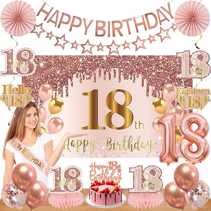 18th Birthday Decorations for Girls, Pink Rose Gold Happy 18 years old Birthday Banner Backdrop Balloons Sash Table Cake Topper Honeycomb Centerpieces Hanging Swirls Paper Fans Party Supplies
