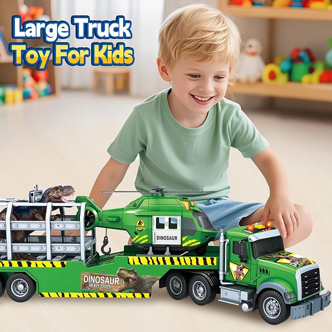 Toddler Boy Toys for 3 4 5 6 7 Years Kids, 21" Semi Flatbed Truck Toy with a Dinosaure Truck, Friction Powered Vehicles Toys with Lights and Sounds, Birthday for Boy Girls