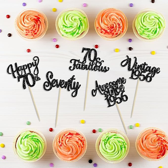 30Pcs Happy 70th Birthday Cupcake Toppers Glitter Seventy Vintage 1956 Cupcake Picks Cheers to 70 Fabulous Cake Decorations for 70th Birthday Wedding Anniversary Party Supplies Black