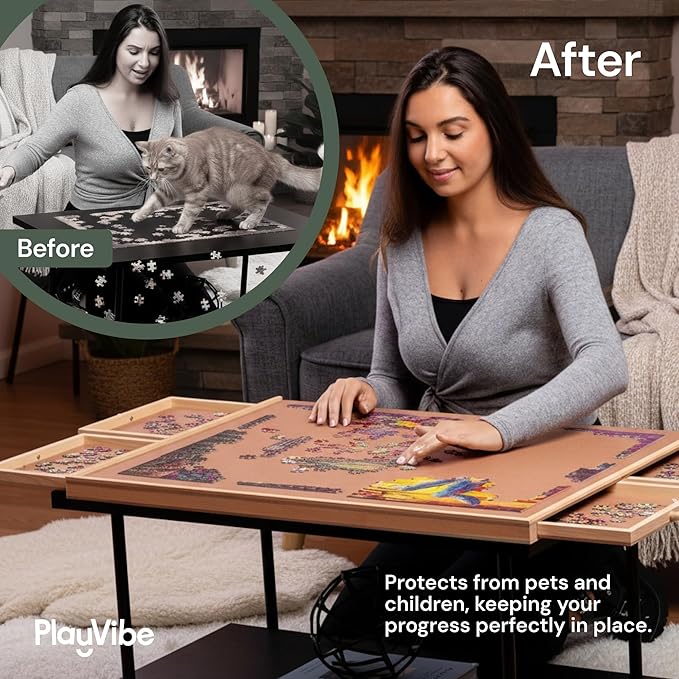 PlayVibe 1000 Piece Puzzle Board with Drawers and Cover - Portable Wooden Jigsaw Puzzle Tray with Drawers, Solve Station & Sturdy Table, Portable Outdoor Fun, Patio, Easter Gift Idea