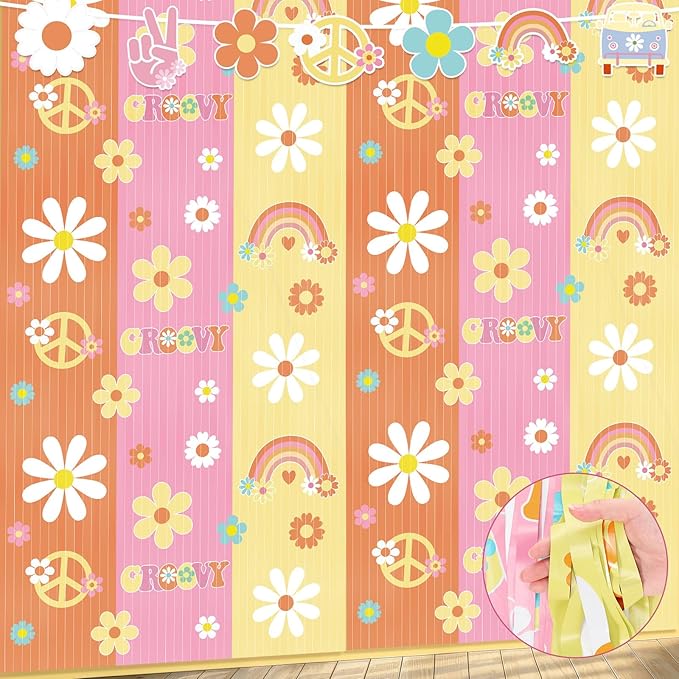 2 Packs Groovy Party Decoration 3.3 x 6.6 ft Two Groovy Party Decorations Hippie Boho Foil Fringe Curtain Retro Daisy Tinsel Streamers for Boho Hippie Groovy Retro Themed Birthday Party Decor