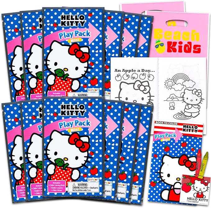12 Pc Hello Kitty Mini Party Favors Set - Bundle with 12 Hello Kitty Play Packs | Mini Coloring Books, Stickers, and Goodie Bags (Hello Kitty Birthday Party Supplies Decorations)