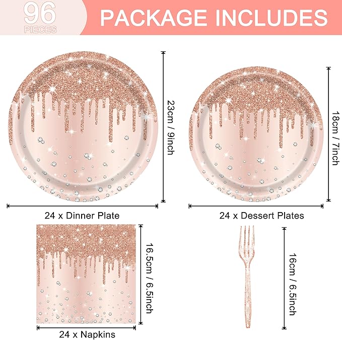 96 Pcs Champagne Silver Plates and Napkins Party Supplies, Disposable Forks Paper Dessert Tableware Glitter Decorations Birthday Table Dinnerware Favors Set, Serves 24