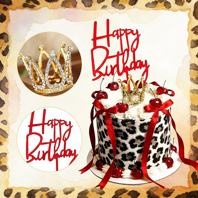Cheetah Cherry Cake Topper Leopard Birthday Party Decor Red Bows Gold Crown Cake Decorations Cheetah and Cherry Birthday Bachelorette Party Supplies