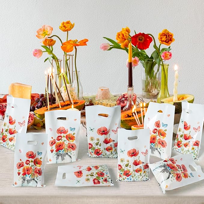 3sscha 50Pcs Red Poppy Party Favor Bag - Flower Butterfly Plastic Waterproof Goodie Bags Spring Summer Bloom Floral Rectangular Treat Bags for Birthday Party Decoration Supplies
