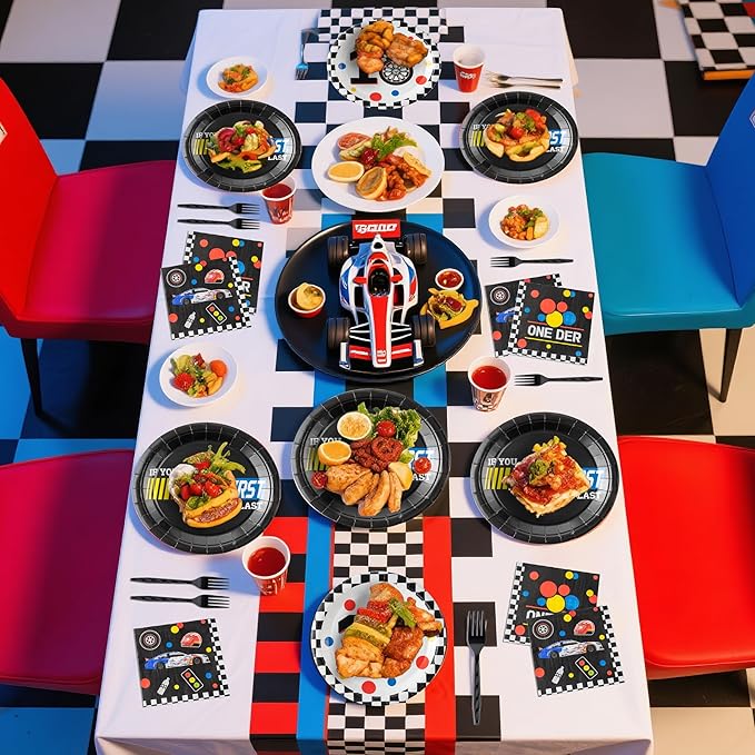Racing Car First Birthday Party Supplies - 96pcs Paper Plates Napkins Forks Kids 1st Birthday Party Table Decorations Racing Car First Themed Disposable Cake Tableware Set for 24 Guests