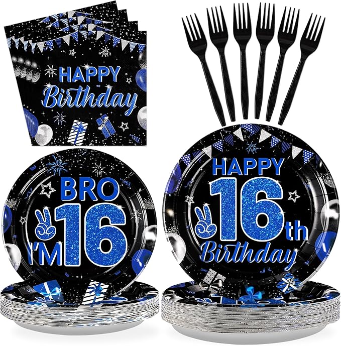 Grencian 96Pcs 16th Birthday Party Decorations for Boys Blue and Black 16th Birthday Plates Disposable Official Teen 16 Tableware for Teen Boys I’m 16 Bro 16 Years Old Party Supplies Serves 24