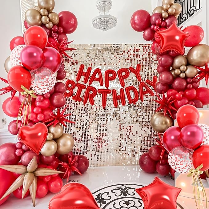 29PC Red Happy Birthday Balloon Banner, 16 Inch 3D Aluminum Letter Banner Sign, Metallic Hot Pink Red Confetti Balloons 18 Inch Star Heart Foil Balloons for Women, Men Party Supplies