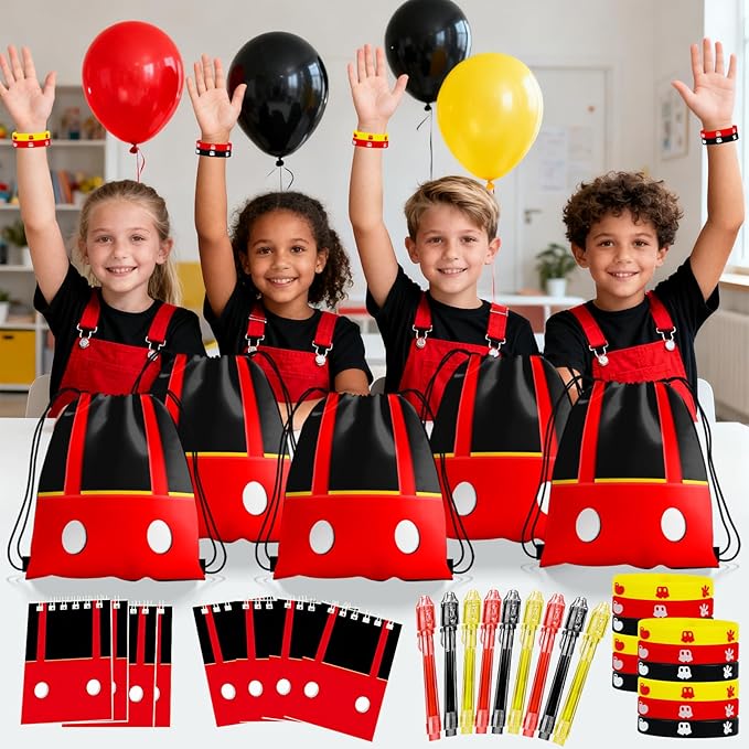 Cartoon Mouse Party Favors, Anime Themed Birthday Party Supplies & Goodie Bags for Kids, Include Drawstring Bags Notebook Silicone Bracelet Highlighter for Gifts Fillers