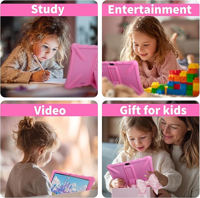 Veidoo Kids Tablet - 10.1 Inch IPS Eye-Care Screen, 7GB (3+4) RAM 64GB ROM 512GB Expandable, Dual Camera, WiFi 6, Octa-Core Parental Control Tablet Comes with Silicone Protective Cover(Pink)