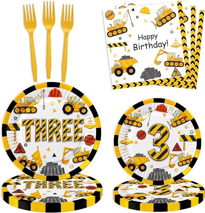 Letromp 80 Pcs Construction 3rd Birthday Decorations Construction Three Years Old Disposable Paper Dinner Plates Napkins Forks Dinnerware for Dump Truck Theme 3rd Bday Party Supplies Decorations