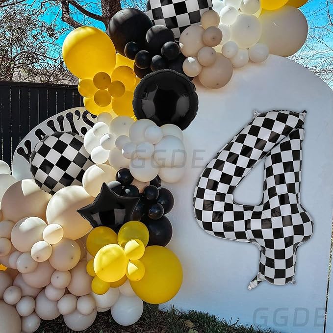 40 Inch Checkered Number Balloon 4 Black and White Race Car Birthday Balloons Baby Hippie Smile Party Shower Boys 4th Birthday Race Car Theme Party Decor Supplies 5 Pcs