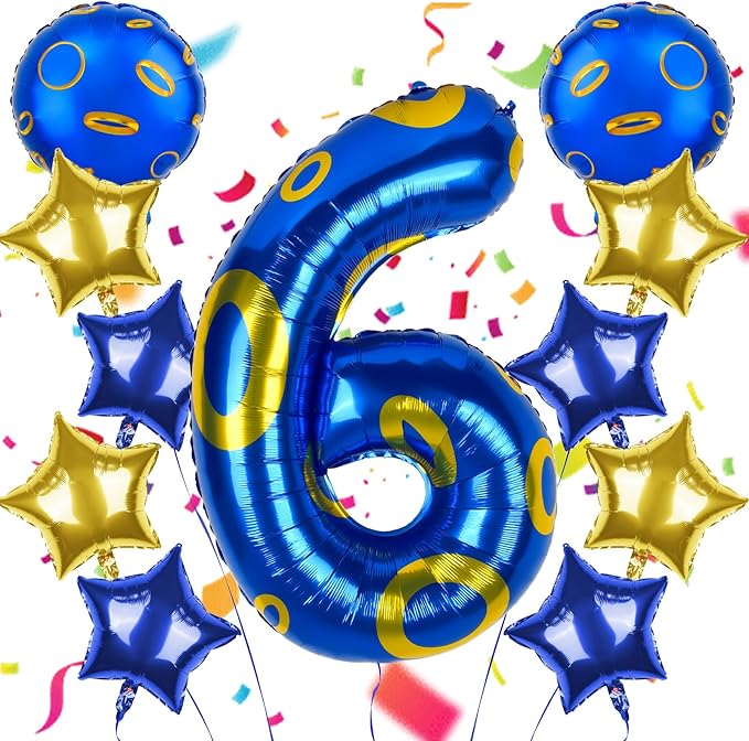 40 Inch Blue and Golden Ring Themed Number Balloon, Number Block Foil Number 6 Balloons Large Big Numbers Helium Balloon for Girls Boys 6th Birthday Theme Party Decorations (Number 6)
