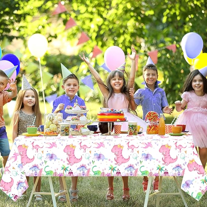 Letromp 2 Pieces Pink Dinosaur Birthday Tablecloths 54 x 108 Inch Watercolor Dinosaur Table Covers for Dino Theme Girls Baby Shower 1st 2nd 3rd 4th Birthday Party Supplies Table Decorations Favors