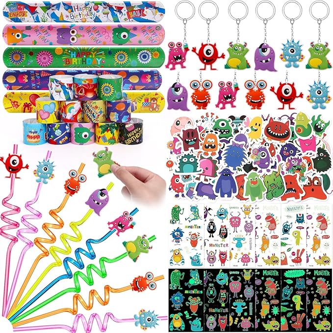 98Pcs Monster Party Favors Birthday Supplies for Kids, Drinking Straw Keychain Slap Bracelet Glow Tattoo Sticker Cartoon Sticker, Goodie Bag Stuffer Filler Girls Boys Monster Party Supplies Decor