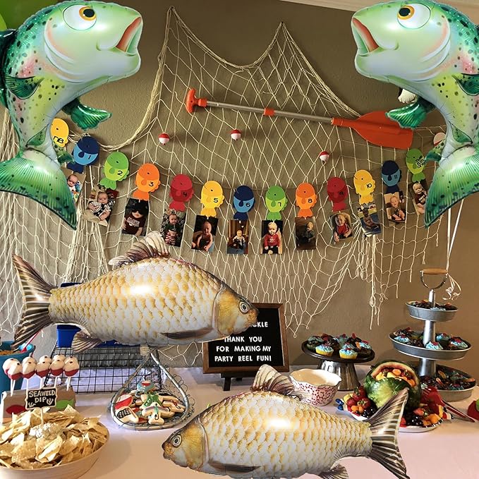 Realistic Fish Foil Balloons 4 Pack for Fishing Party Decorations - Gone Fishing Themed Birthday Supplies, Ocean Under the Sea Party Balloons, O-fish-ally One Decor (Tuna & Classic)