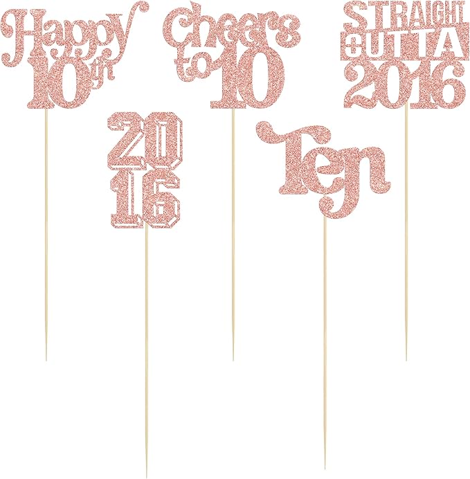Gyufise 15Pcs Happy 10th Birthday Centerpiece Sticks Ten Straight Outta 2016 Table Flower Centerpieces Sticks Cheers to 10 Decorations for 10th Birthday Party Supplies Rose Gold