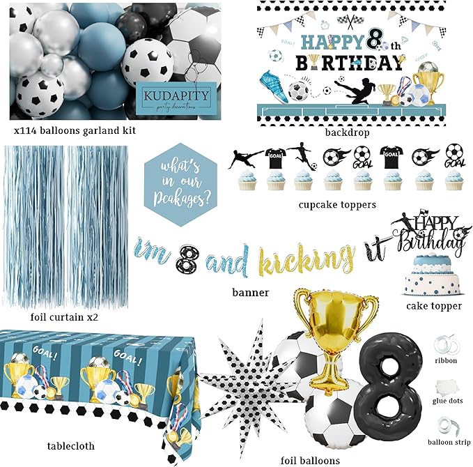 Soccer 8th Birthday Party Decorations Kit for Boys Soccer Birthday Party Supplies Set Soccer Football Party Decor with Backdrop Tablecloth Cake and Cupcake Toppers for 8-Year-Old Kids Boys Party Decor