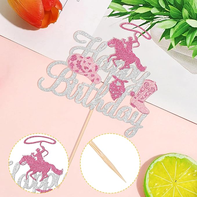 1 PCS Cowgirl Happy Birthday Cake Topper - Silver Glitter Western Hat Boot Disco Pick Decoration for Theme Women Party Supplies