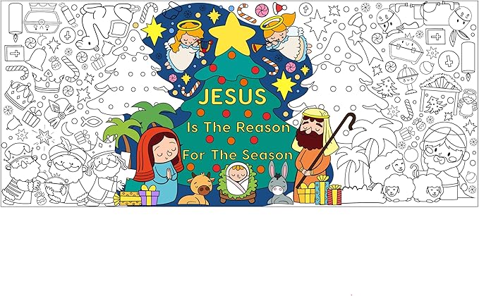 Dvbonike Jumbo Nativity Coloring Poster Giant Jesus Is The Reason For The Season Color-in Paper Poster DIY Blank Doodle Art Banner 55.1 x 23.6 in Decor, Sunday School Activity Party Supplies for Kids