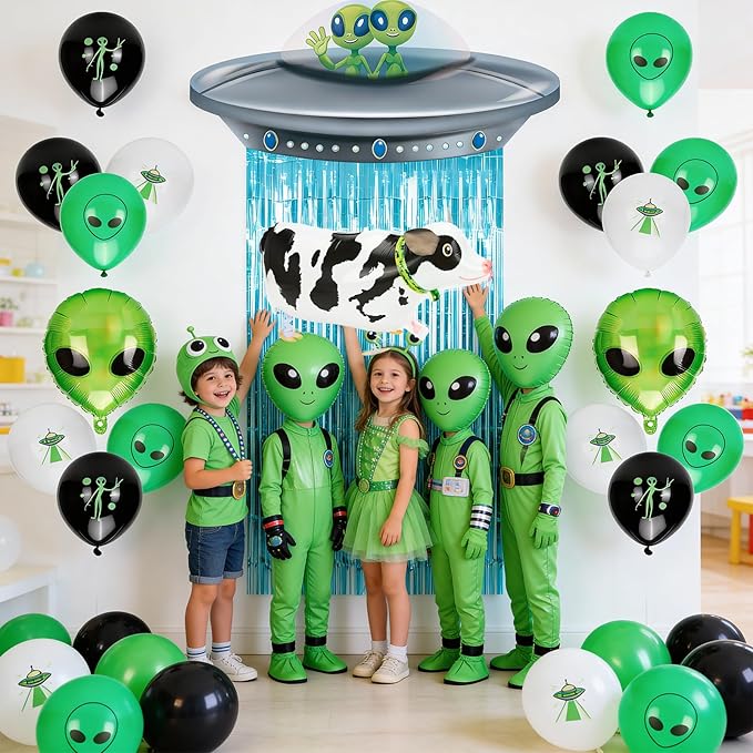 24PCS Alien Birthday Party Decorations Set, Space Theme Party Supplies with Alien & Cow Balloons Decorations, Blue Foil Fringe Curtain, Outer Space Birthday Decorations